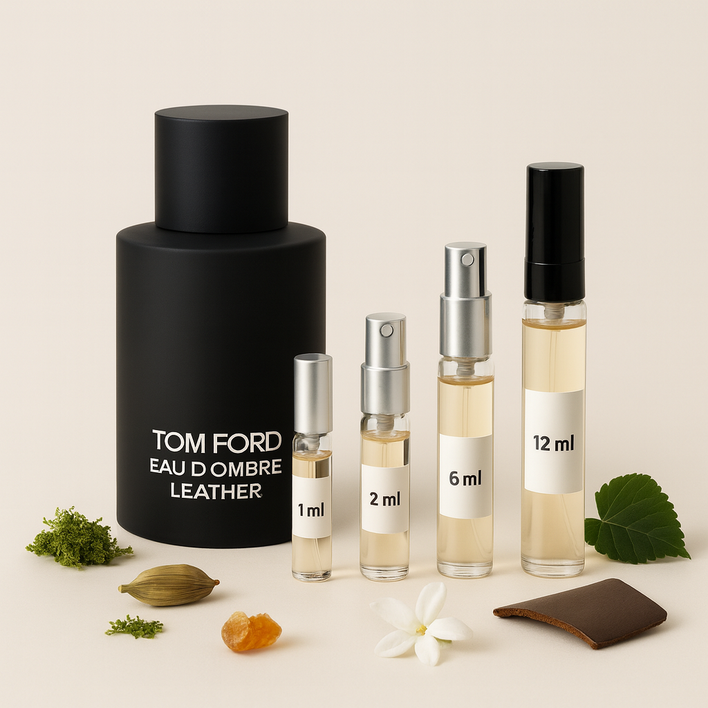 Láhev Tom Ford Eau d’Ombre Leather s testovacími vzorky 1 ml, 2 ml, 6 ml a 12 ml na světlém pozadí s akcenty kardamomu, jasmínu, ambry, mechu a kůže