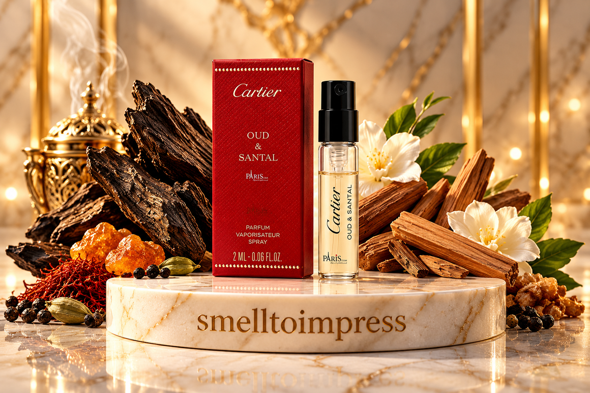 obrázek oficiálního vzorku parfému Cartier Les Heures Voyageuses Oud and Santal 1,5 ml 0,05 fl. oz.