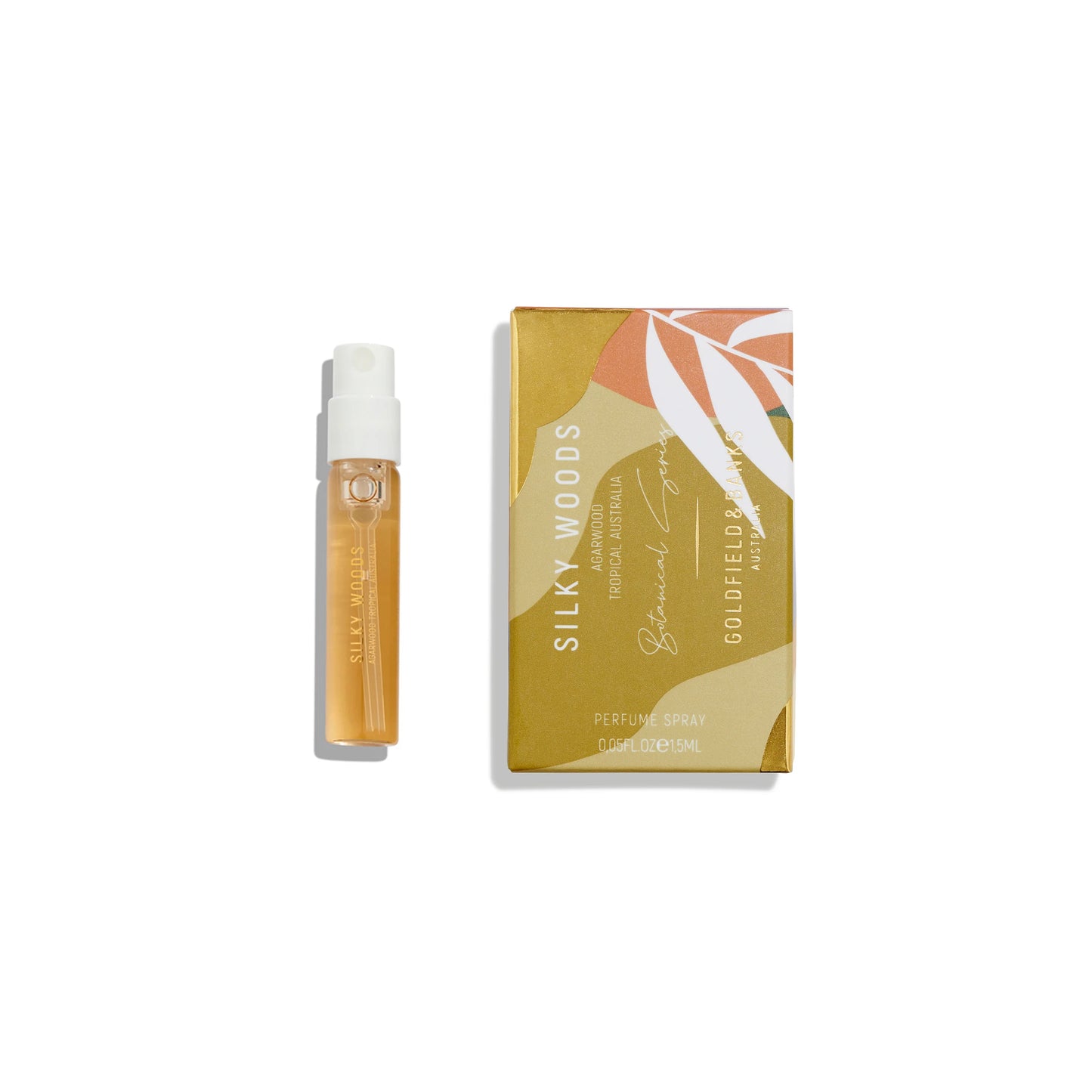 Goldfield and Banks Silky Woods 2ml perfume sample – official niche fragrance vial from Australia, unisex scent with luxurious woody notes.