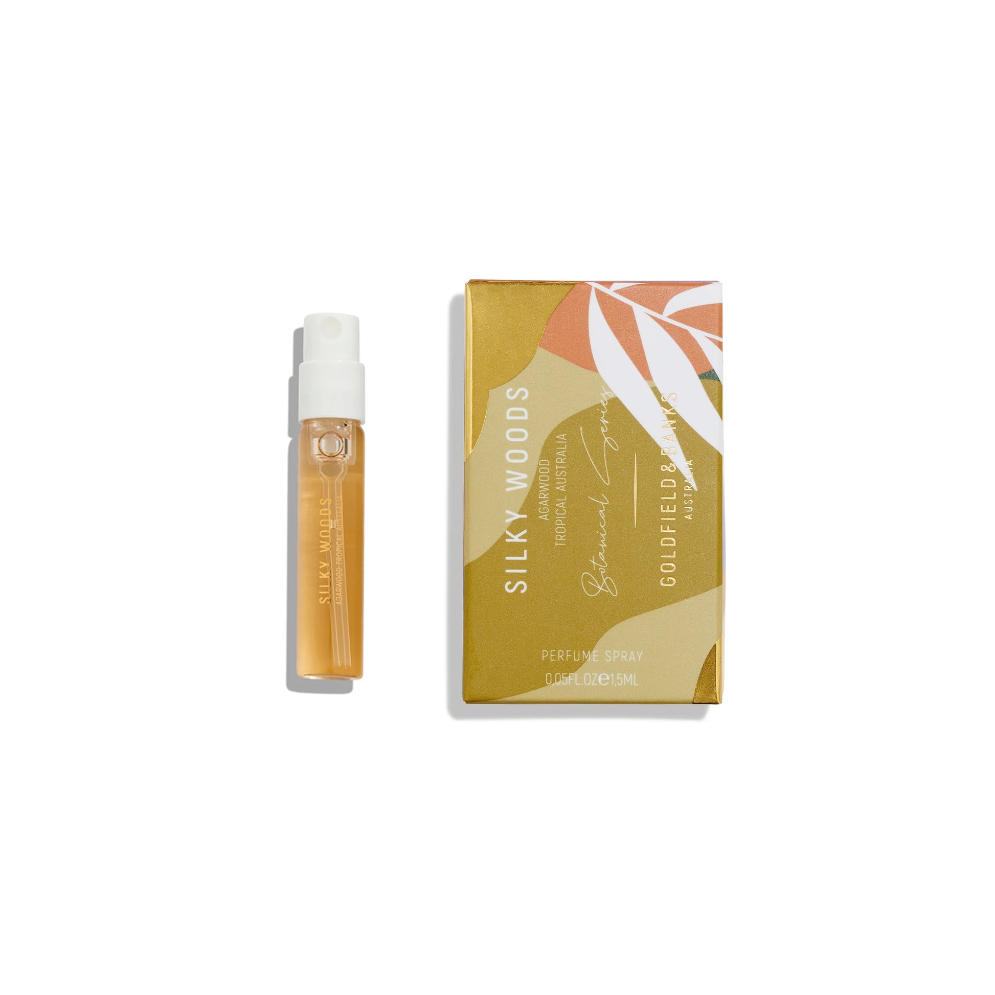 Goldfield and Banks Silky Woods 2ml perfume sample – official niche fragrance vial from Australia, unisex scent with luxurious woody notes.