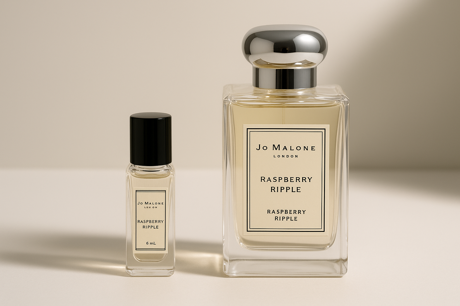 Jo Malone Raspberry Ripple 6ml perfume sample standing next to 100ml bottle of Jo Malone Raspberry Ripple