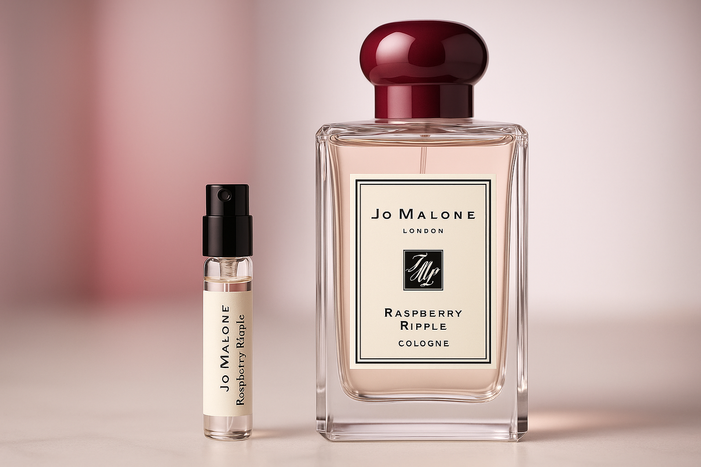 Jo Malone Raspberry Ripple Cologne perfume samples, 1ml perfume sample standing next to 100ml size Jo Malone Raspberry Ripple Cologne perfume bottle