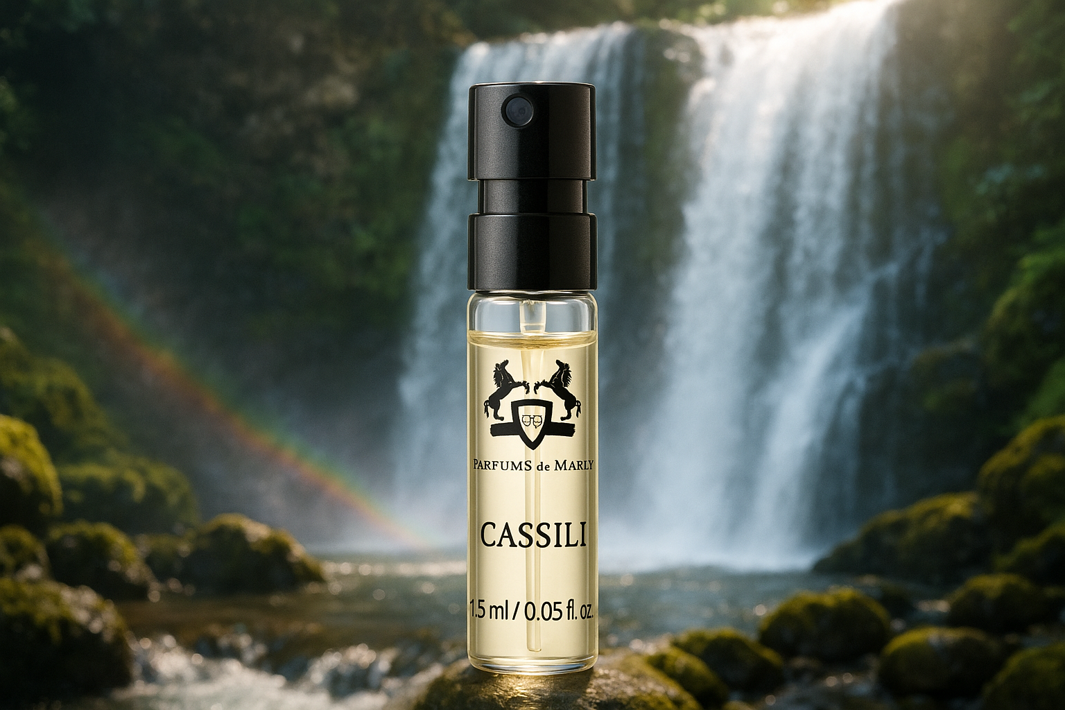 Parfums de Marly Cassili official perfume sample 1.5ml 0.05 fl.o.z. perfume tester, waterfall in the background