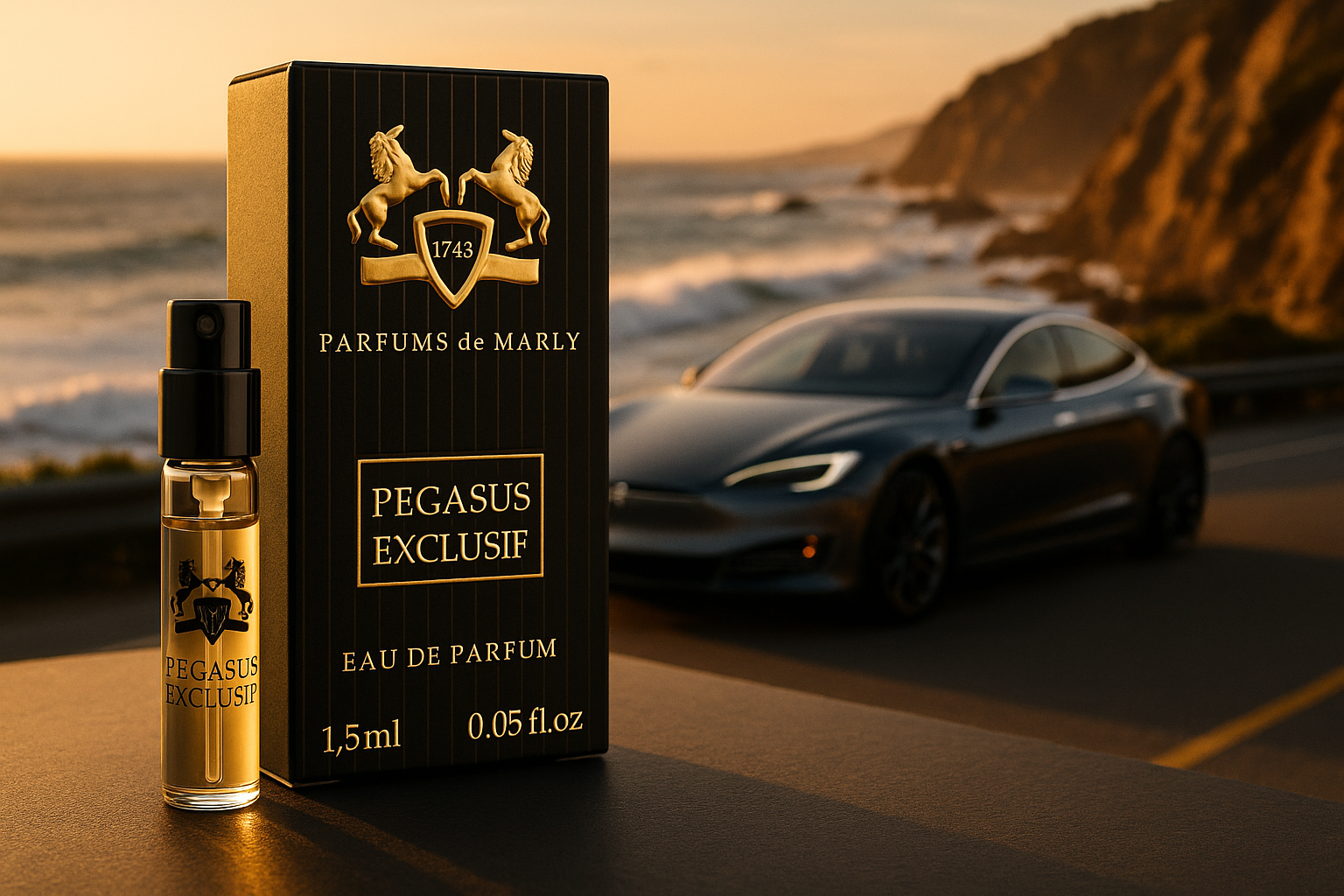 Parfums De Marly Pegasus Exclusif official perfume sample 1.5ml 0.05 fl. o.z. perfume tester, in the background luxury electic car at the coast