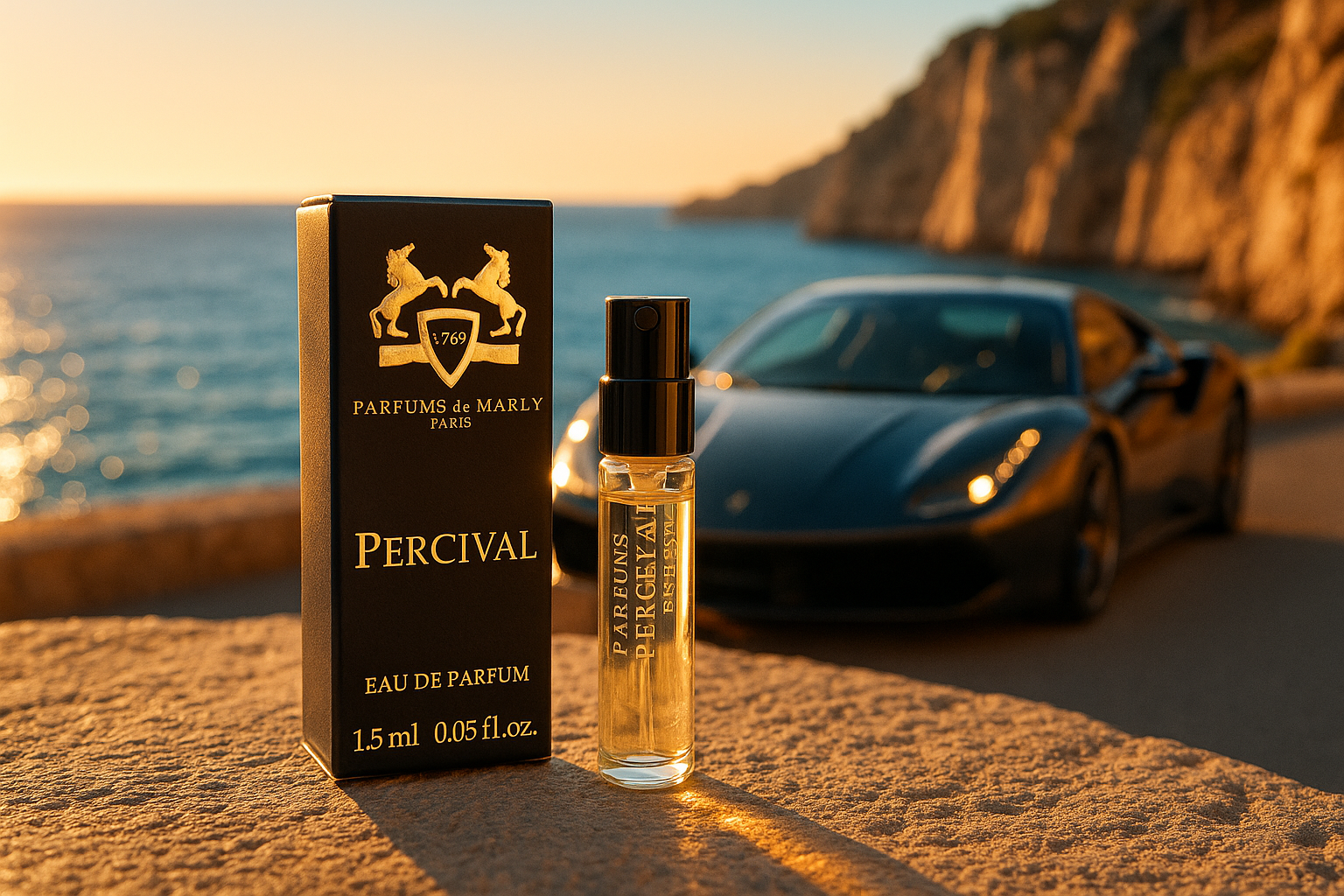 Parfums De Marly Percival official scent sample 1.5ml 0.05 fl. o.z. perfume tester, luxury car behind it at sea coast
