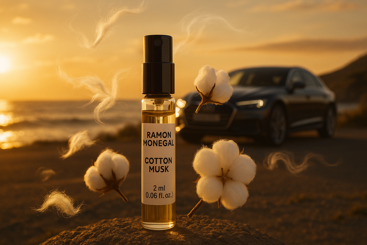 Ramon Monegal Cotton Musk official perfume sample 2ml 0.06 fl.o.z. perfume tester, luxury car at the background near sea coast at sunset, sample is surrounded by the notes of Cotton Musk fragrance