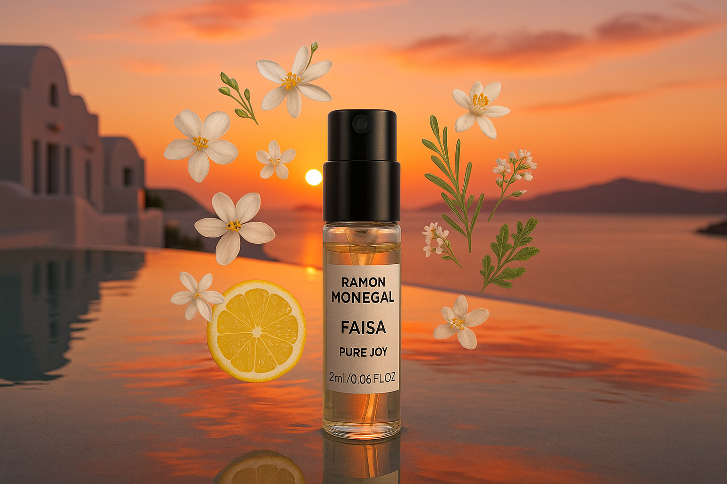 Ramon Monegal Faisa Pure Joy official perfume sample 2ml 0.06 fl.o.z. perfume tester, in the background sunset in Santorini pool, sample surrounded by Faisa Pure Joy fragrance notes